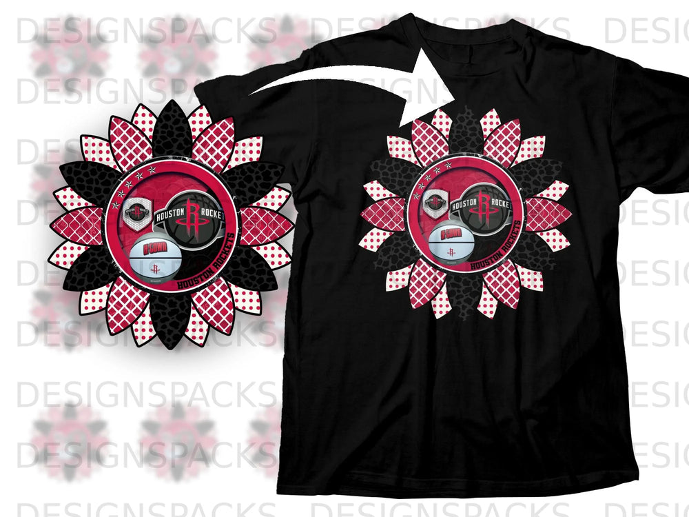 Black t-shirt with a circular sunflower design featuring the Houston Rockets logo.