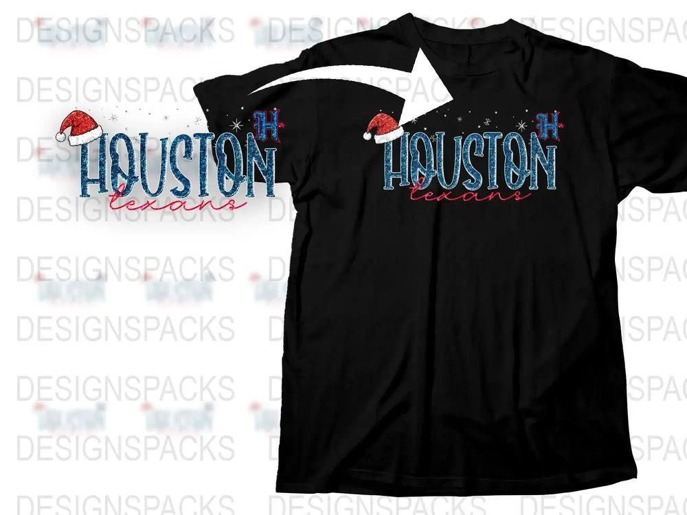 Houston Texans Christmas T-Shirt, Santa Hat Holiday Tee, Festive Football Fan Apparel, Black Cotton Shirt