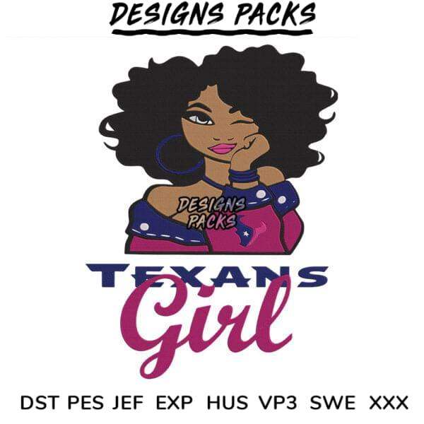 Texans Girl embroidery design with afro, hoop earrings, and team colors for instant download