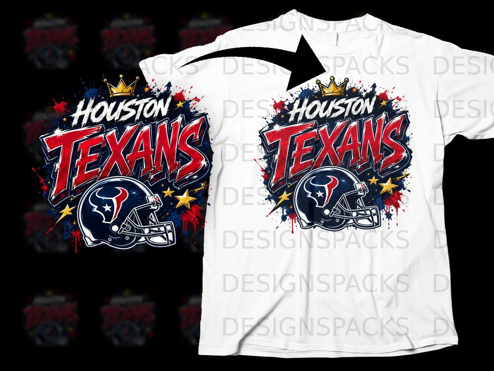 Houston Texans logo with helmet, crown, stars, and paint splatters on white t-shirt.