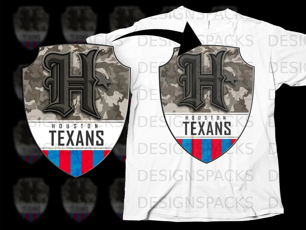 Houston Texans shield logo with camouflage background and red and blue stripes.