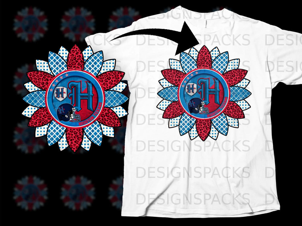 Sunflower design with "H" logo and football helmet on a white t-shirt.