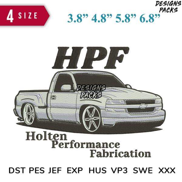 HPF Holten Performance Fabrication truck design in 4 sizes, compatible with DST PES JEF formats
