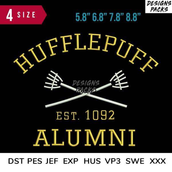 Hufflepuff Alumni design with crossed brooms, 4 sizes, embroidery formats DST PES JEF EXP