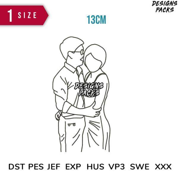 Romantic couple line art design for embroidery, 13cm size, compatible with DST PES JEF formats