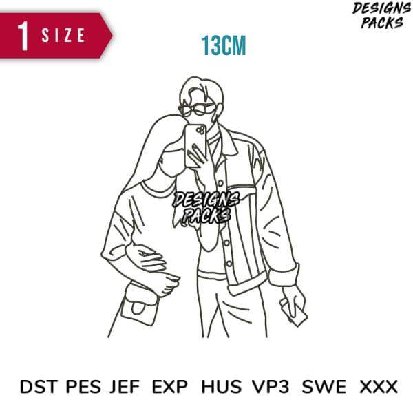 Print-ready embroidery design of couple taking selfie, 13cm size, DST PES formats