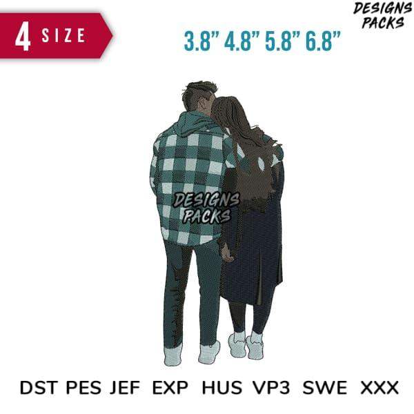 Couple in plaid hoodie embroidery design, 4 sizes, DST PES JEF formats, print-ready for DTG & DTF