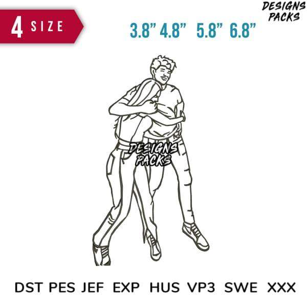 Romantic couple hug embroidery design in 4 sizes, DST PES JEF formats for instant download