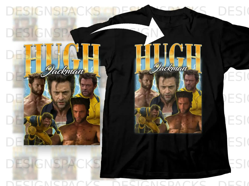 Hugh Jackman collage graphic on a black t-shirt.
