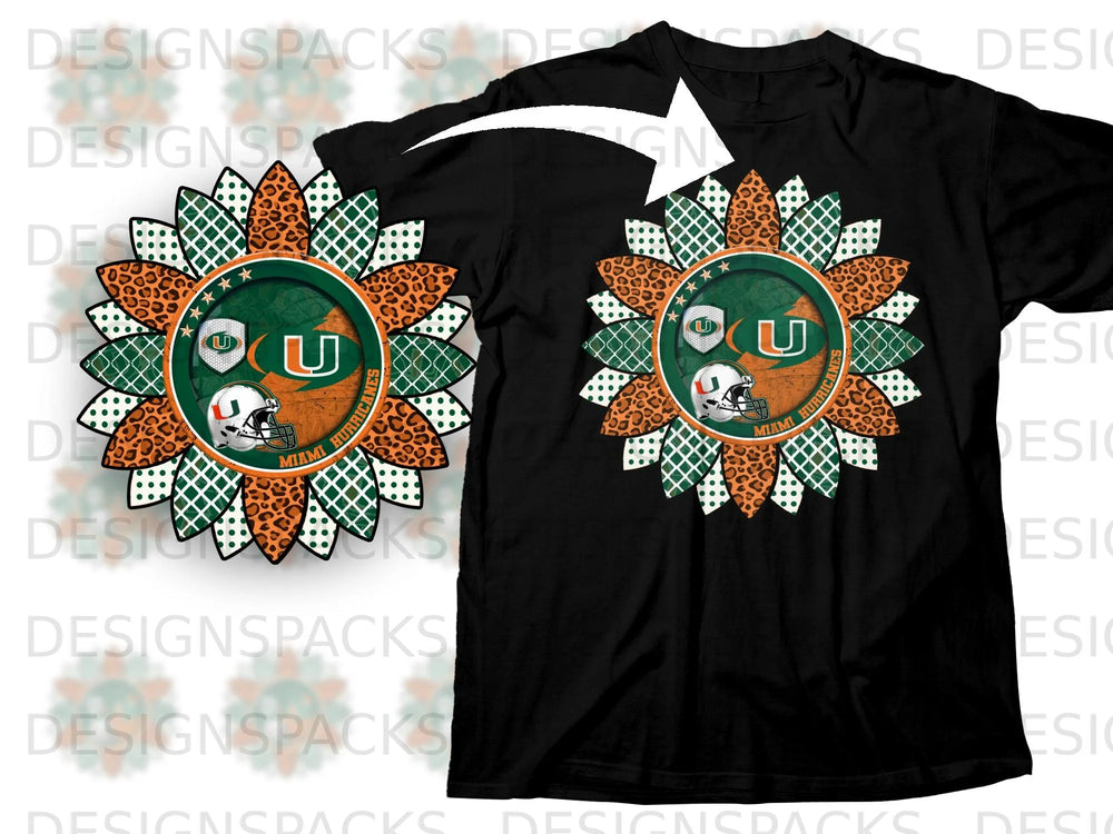 Miami Hurricanes sunflower graphic with leopard, green plaid, and polka dots on black shirt.