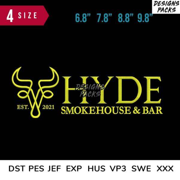 HYDE Smokehouse & Bar logo embroidery design in 4 sizes, compatible with DST PES JEF formats