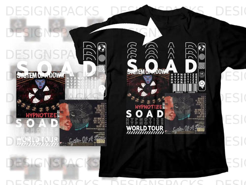 System of a Down Hypnotize album cover art on black t-shirt with tour details.