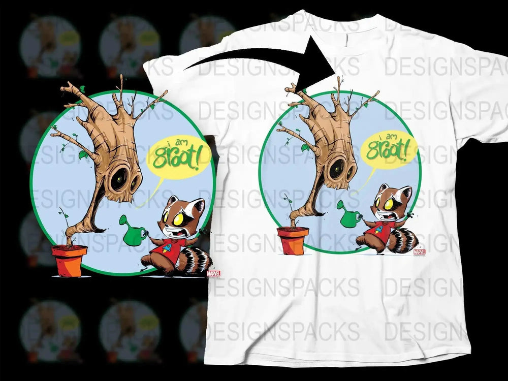 I Am Groot Cartoon Tree and Raccoon Png Digital Download