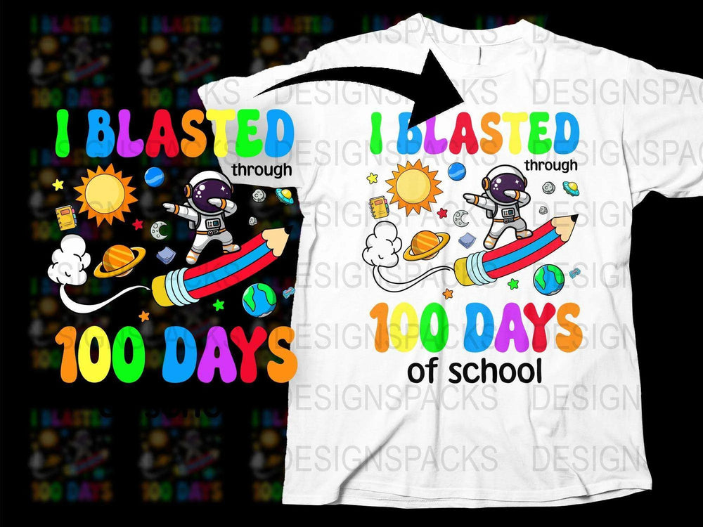 Kids 100th Day of School T-Shirt, Colorful Astronaut and Rocket Design, Celebration Shirt for Students