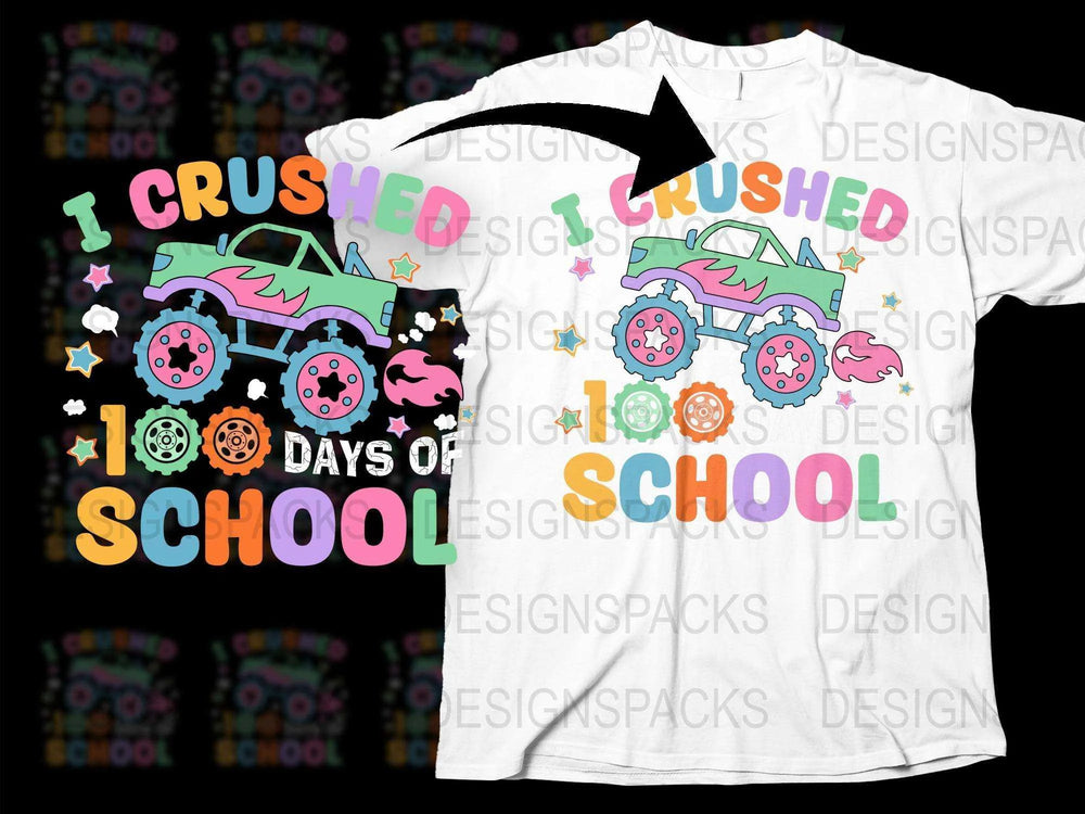 Kids 100th Day of School T-Shirt, Colorful Monster Truck Design, Crushed it Celebration Tee
