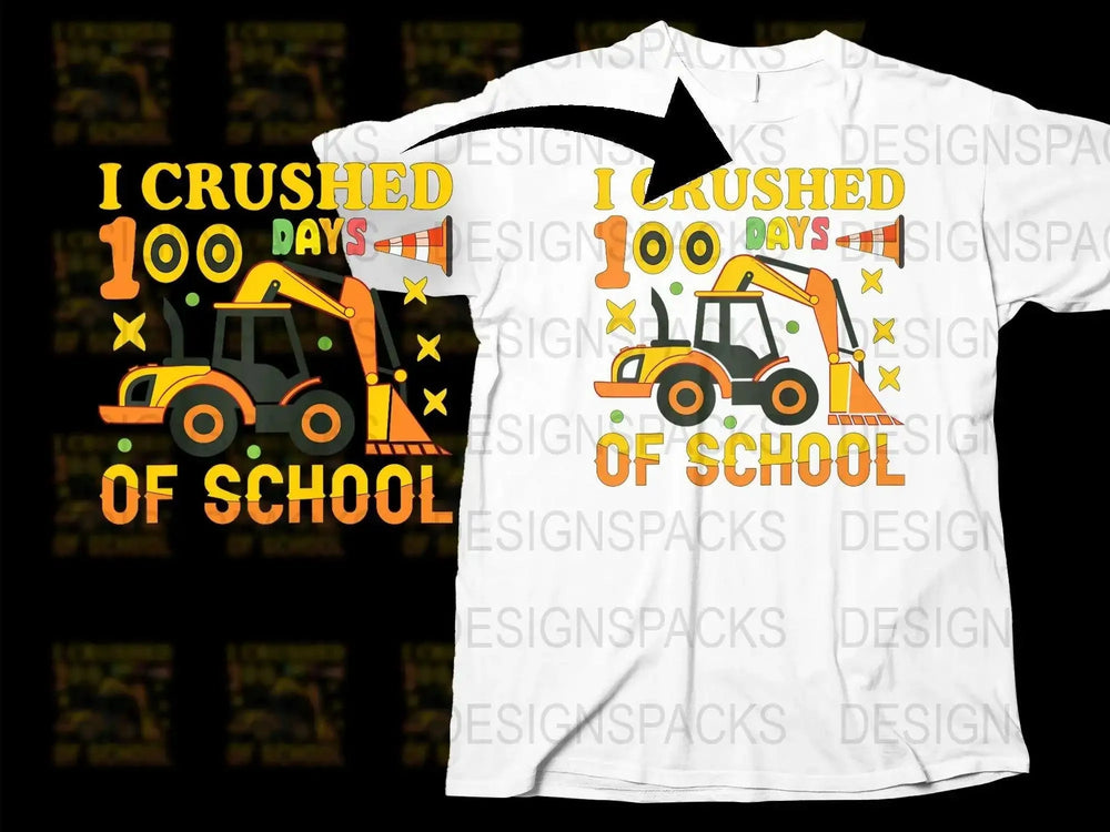 Kids 'I Crushed 100 Days of School' T-Shirt, Fun Back to School Shirt, Excavator Graphic, School Celebration Tee, Bright Colors, Unisex