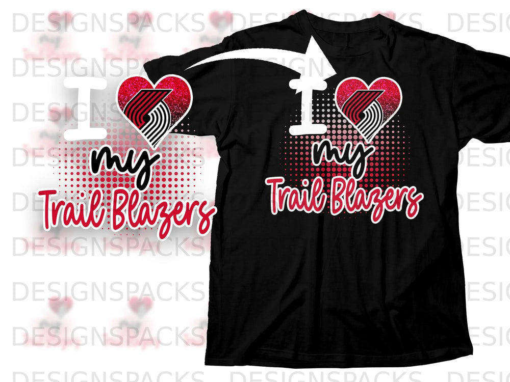 Black t-shirt with "I love my Trail Blazers" text and glittery heart logo.