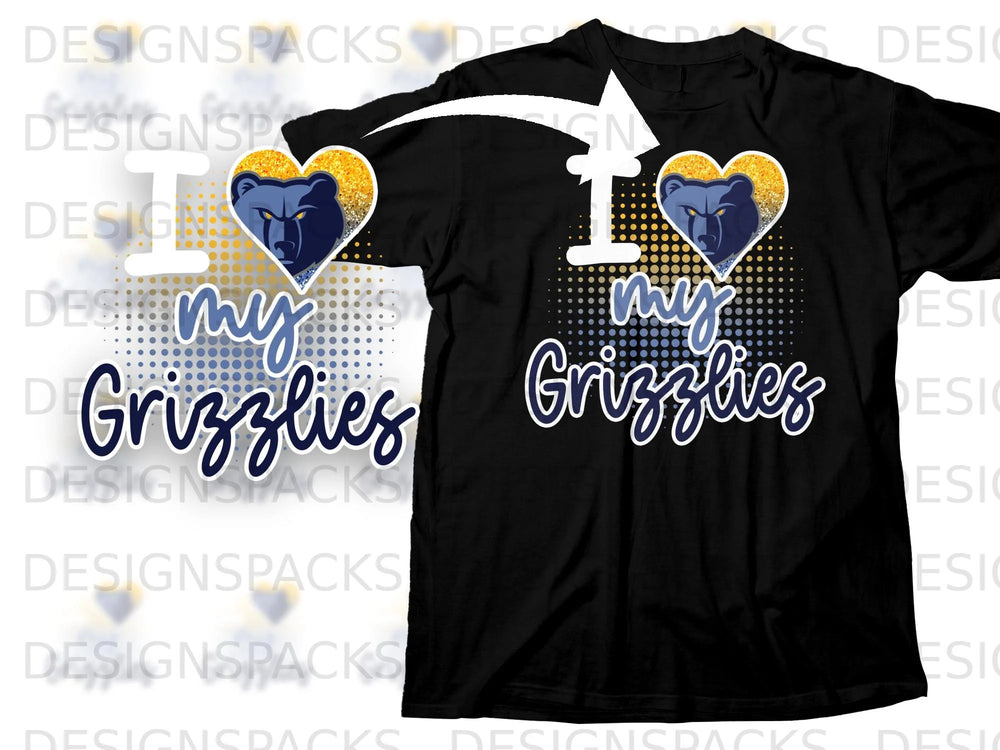 Black t-shirt with "I love my Grizzlies" text and a bear logo inside a heart.