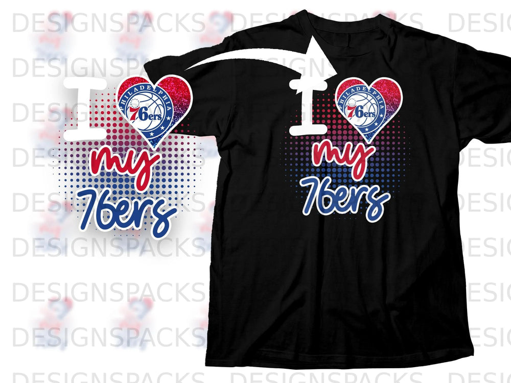 Black t-shirt with "I love my 76ers" graphic featuring team logo on heart.