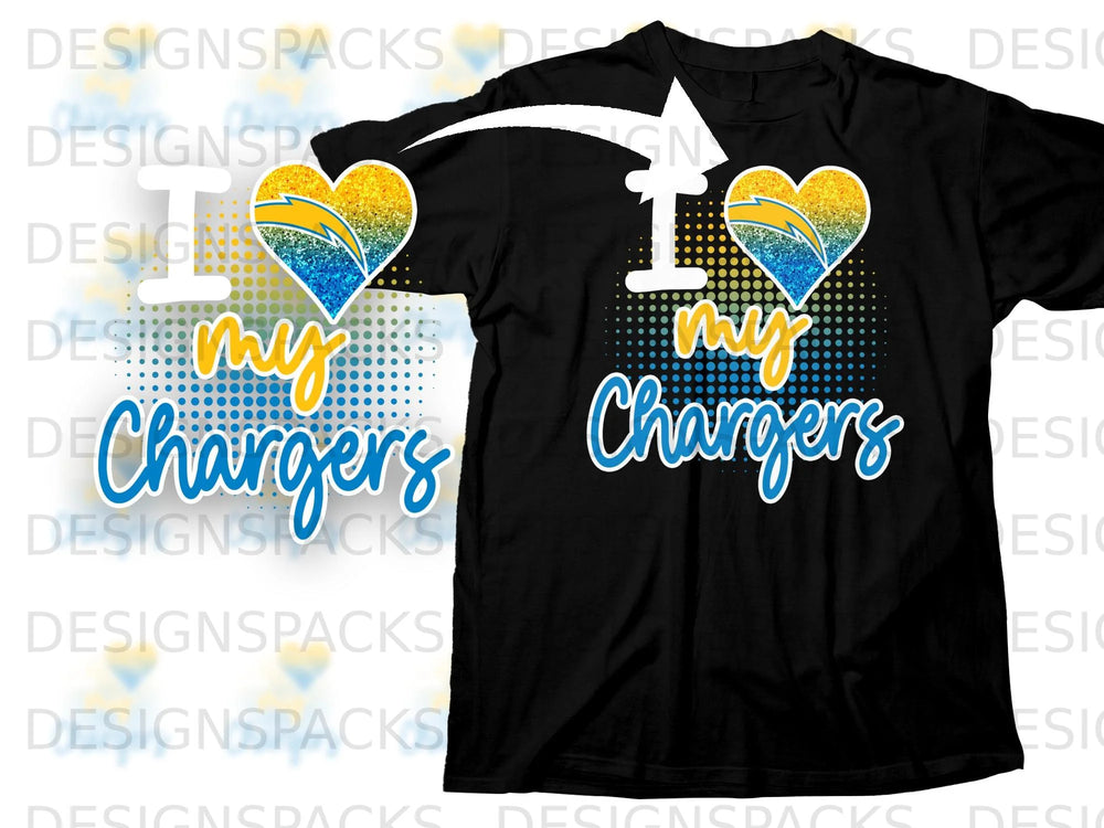 Black t-shirt with graphic "I love my Chargers" and lightning bolt heart.