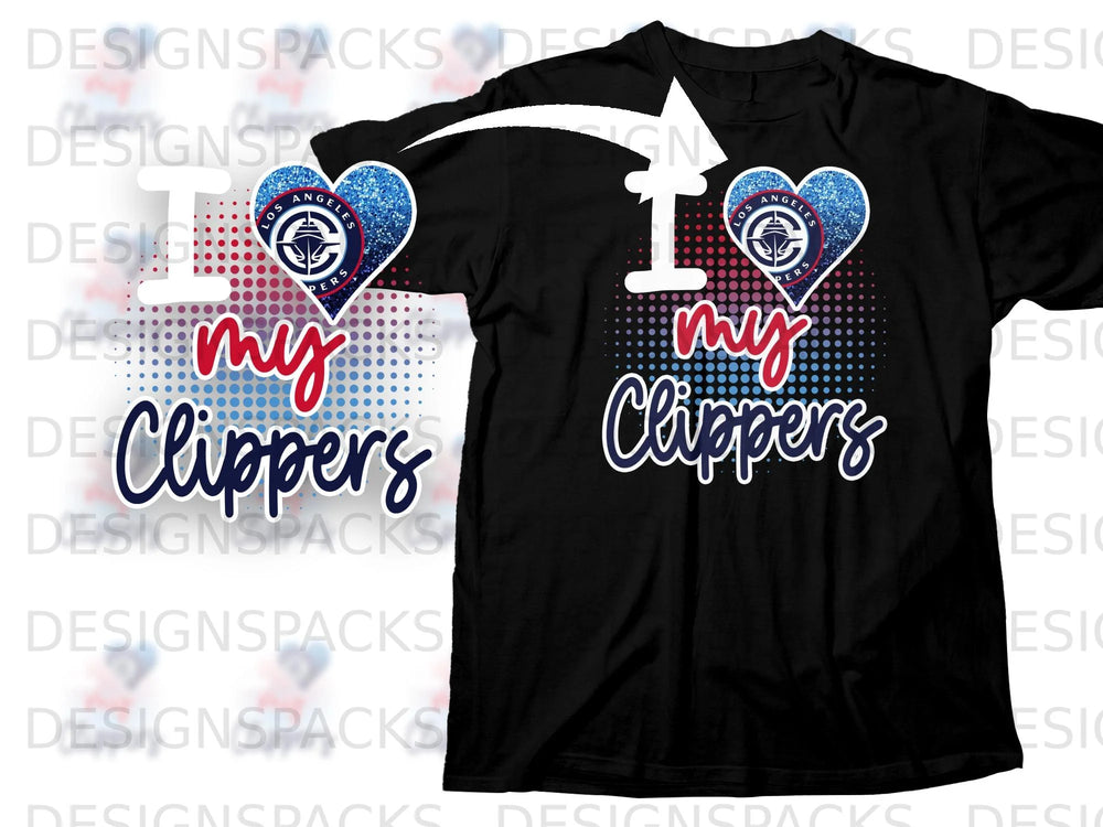 Black t-shirt with "I love my Clippers" in glitter, red, white, and blue graphic.