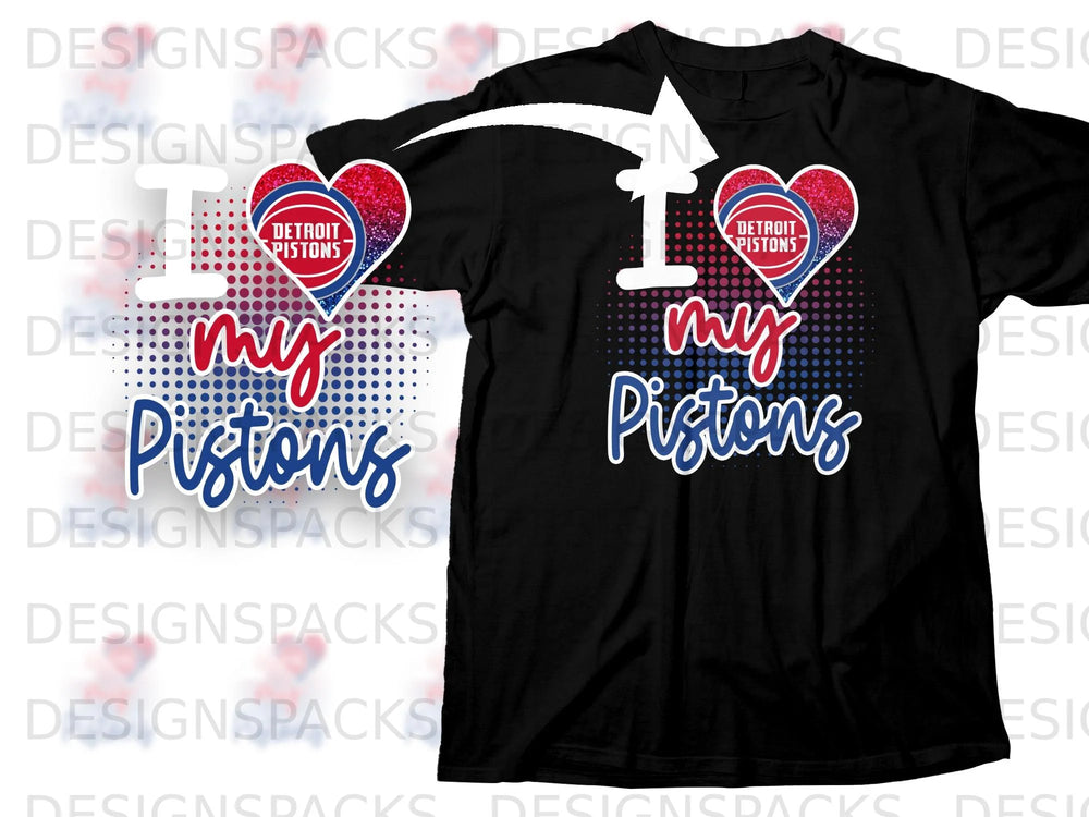 Black t-shirt with "I love my Pistons" graphic in red, white, and blue.