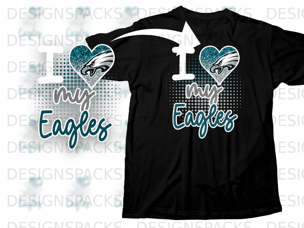 Black t-shirt with "I my Eagles" graphic featuring an eagle head in a heart.