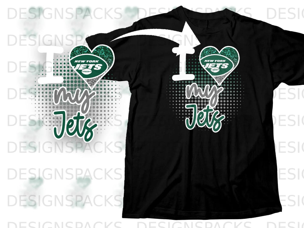 Black t-shirt with "I love my Jets" text and New York Jets heart logo.