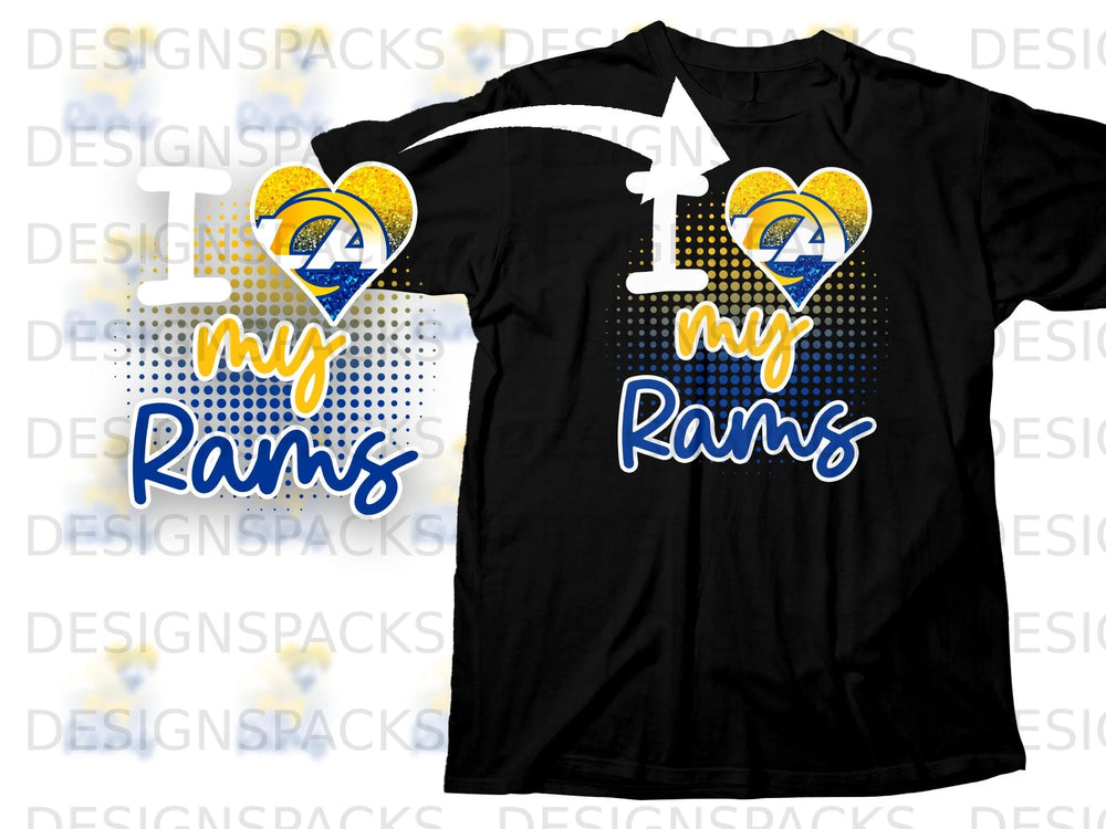 Black t-shirt with "I love my Rams" in white, yellow, and blue text.