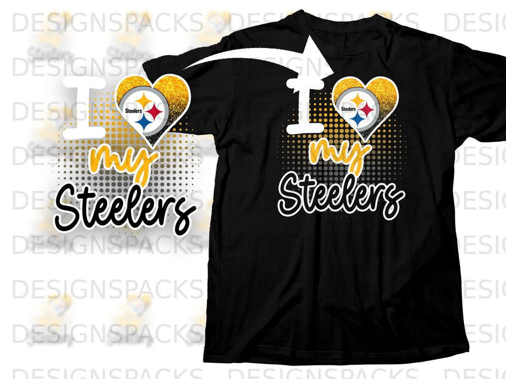 Black t-shirt with "I love my Steelers" graphic and heart logo.