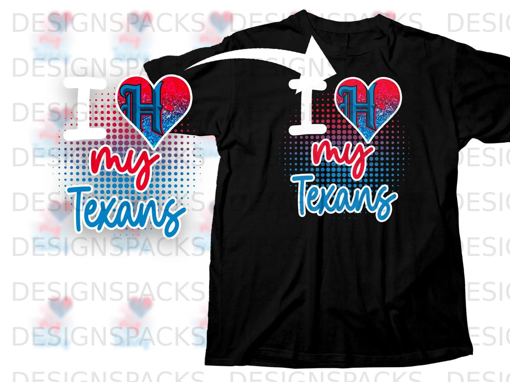 Black t-shirt with "I love my Texans" graphic and heart logo.