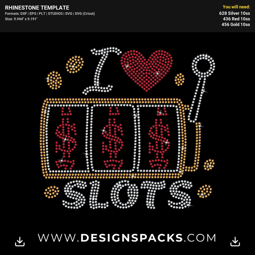 I Love Slots Casino Game Rhinestone Digital Template