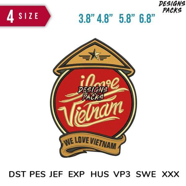 Vietnam-themed embroidery design with 'We Love Vietnam' text, available in multiple sizes and formats
