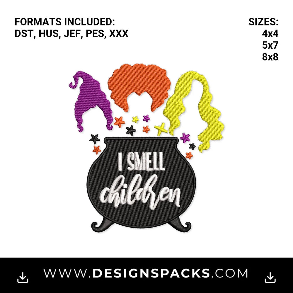 I Smell Children Halloween Witch Cauldron Embroidery Design - Instant digital download pattern at Designspacks.com