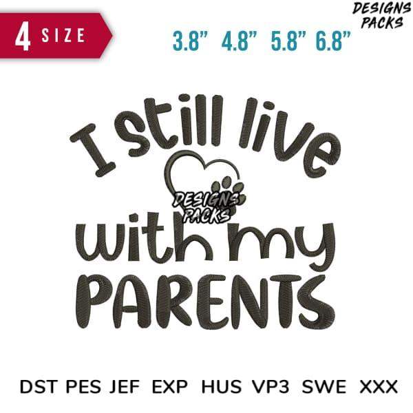 Embroidery design of man sitting on 'NEENA PARENTS' text, 4 sizes, DST PES JEF formats