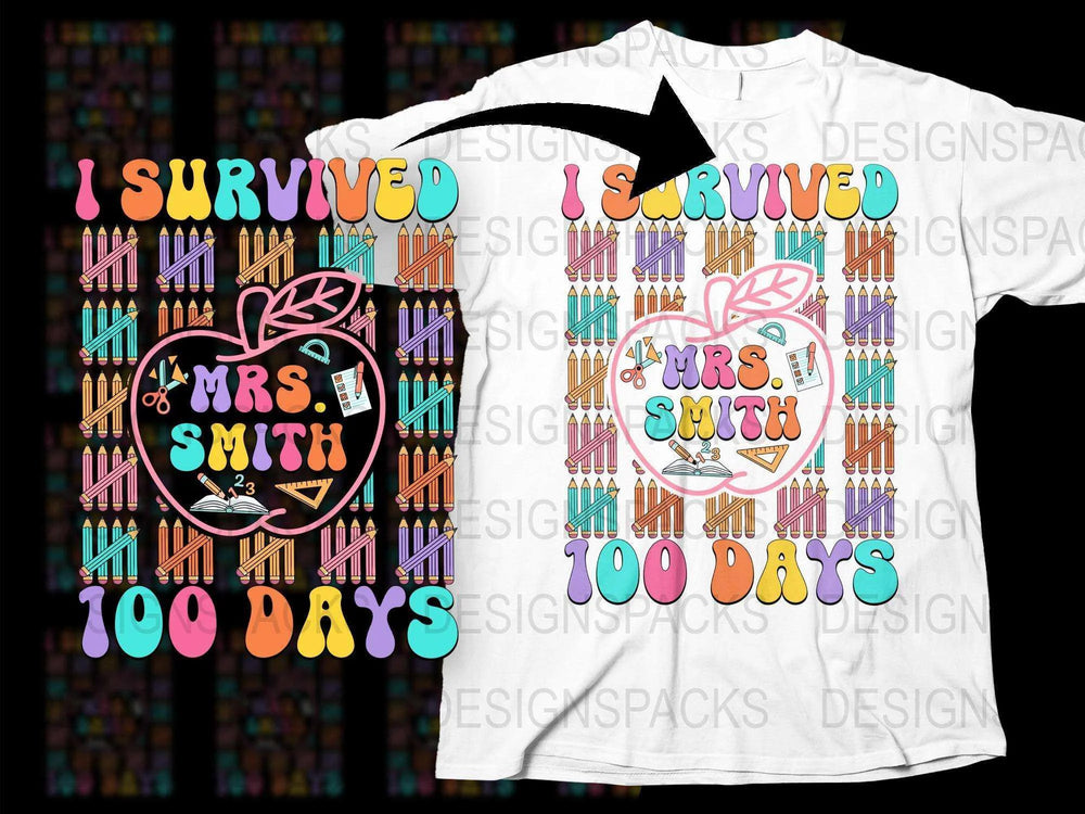I Survived 100 Days of School T-Shirt, Custom Teacher Name, Colorful Pencil Design, Personalized Teacher Gift, Mrs. Smith Tee