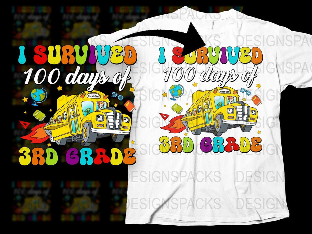 I Survived 100 Days of 3rd Grade T-Shirt, Colorful School Bus Design, Kids Celebration Tee, Fun Student Gift Idea