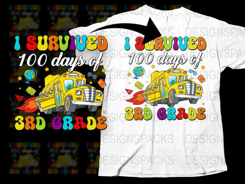 I Survived 100 Days of 3rd Grade T-Shirt, Colorful School Bus Design, Kids Celebration Tee, Fun Student Gift Idea