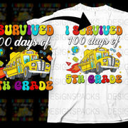 I Survived 100 Days of 5th Grade T-Shirt, Colorful School Bus Graphic, Kids Celebration Tee