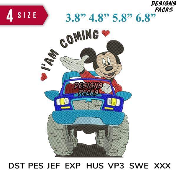 Mickey Mouse driving monster truck embroidery design, 4 sizes, DST PES JEF formats