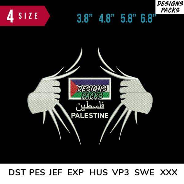 Palestine flag embroidery design with Arabic text, available in 4 sizes and multiple formats for instant download.