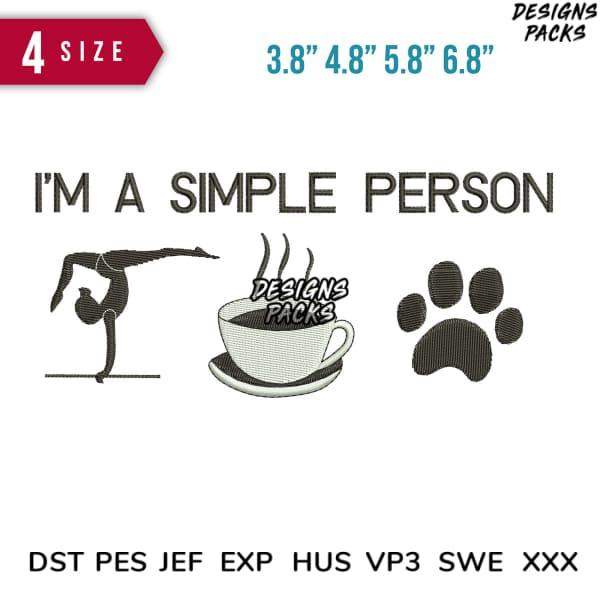 Simple person quote with yoga, coffee & paw print embroidery designs in 4 sizes, DST PES JEF formats