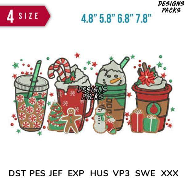 Holiday drink designs for embroidery in 4 sizes, festive cups with snowman, gingerbread, and gifts, DTF/DTG ready