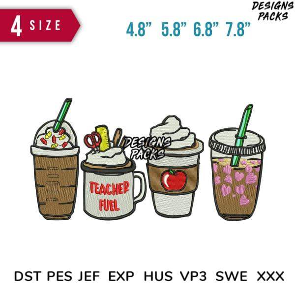 4 size coffee drink embroidery designs in DST PES JEF formats for teachers, tumbler wraps, and print-ready use