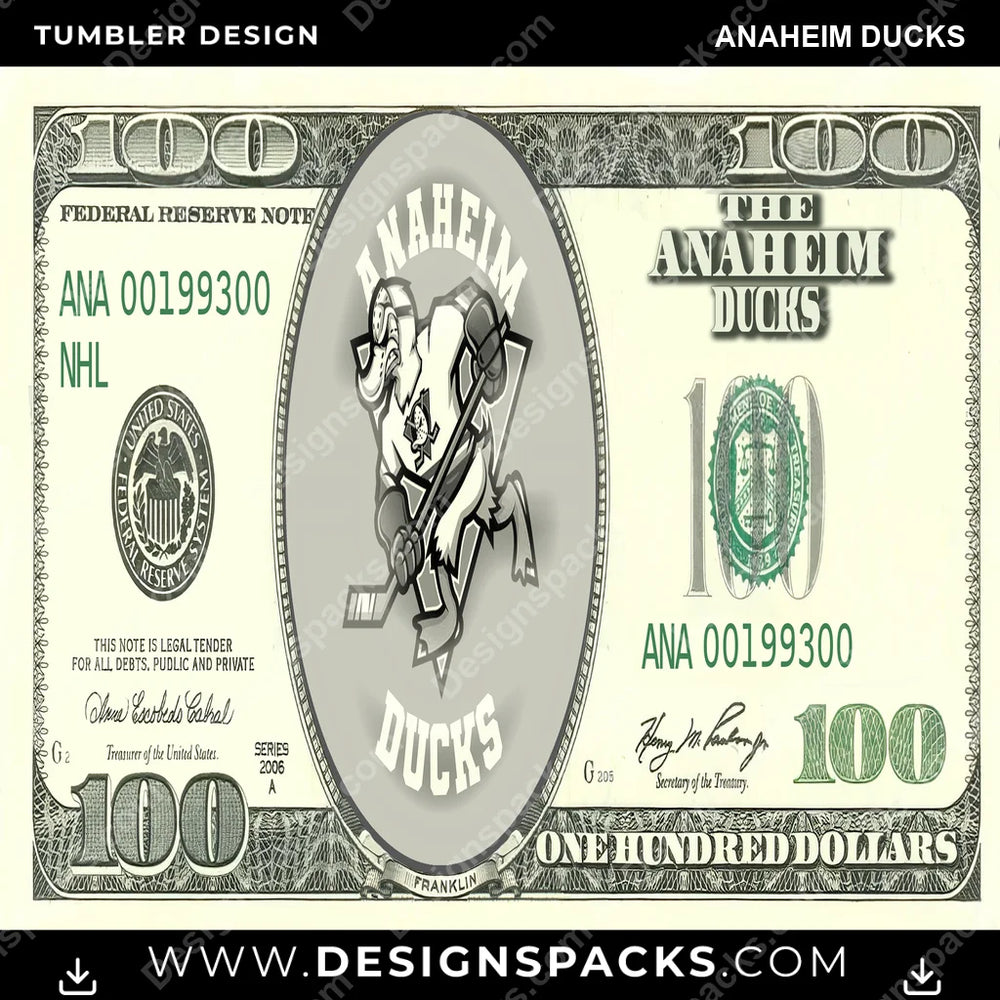 Ice Hockey 100 Dollar Bill Anaheim Ducks NHL Hockey Tumbler Digital Wrap Design Download