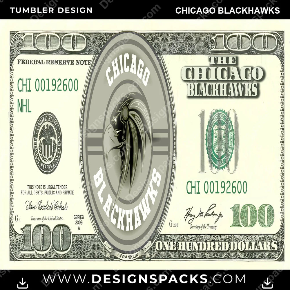 Ice Hockey 100 Dollar Bill Chicago Blackhawks NHL Hockey Tumbler Digital Wrap Design Download