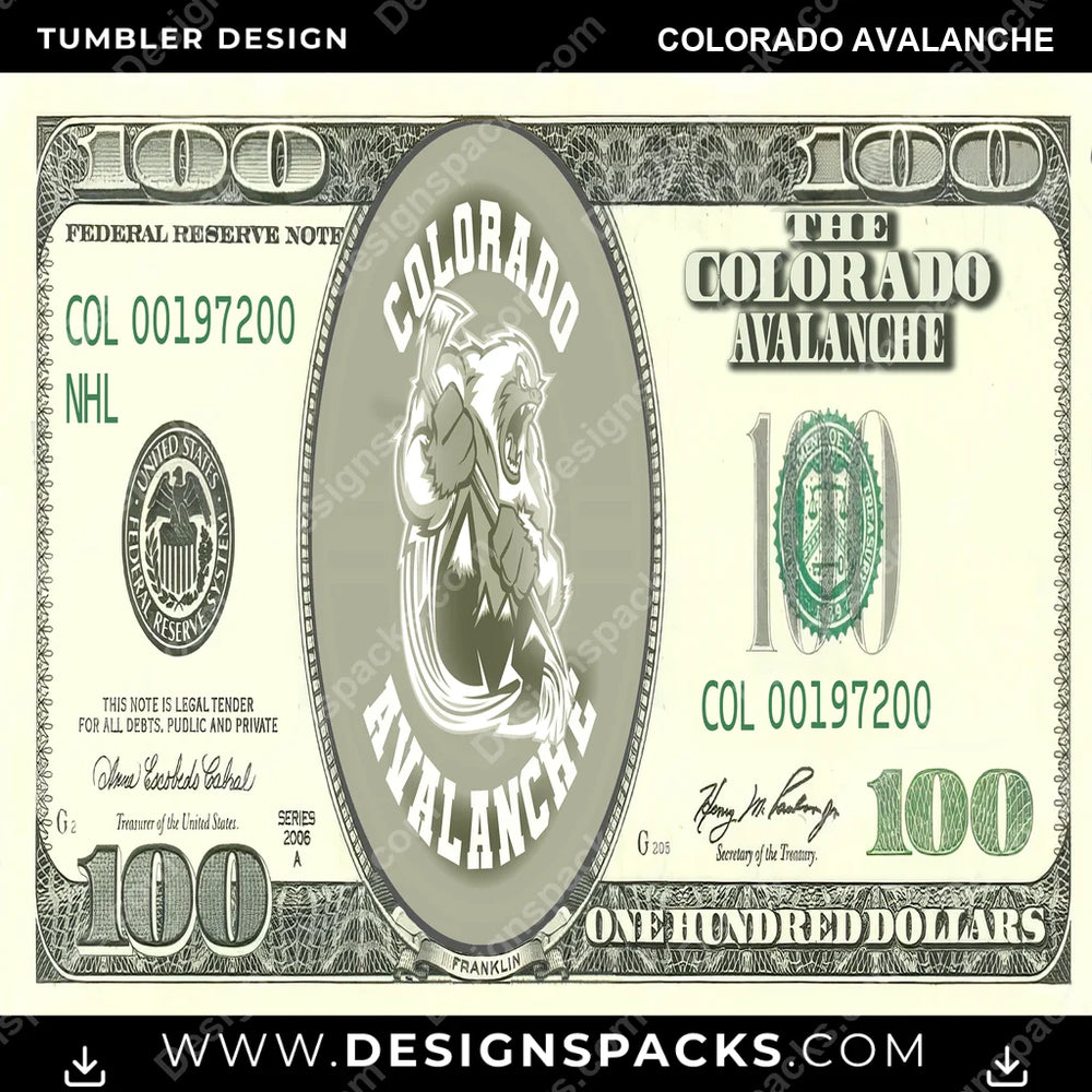 Ice Hockey 100 Dollar Bill Colorado Avalanche NHL Hockey Tumbler Digital Wrap Design Download