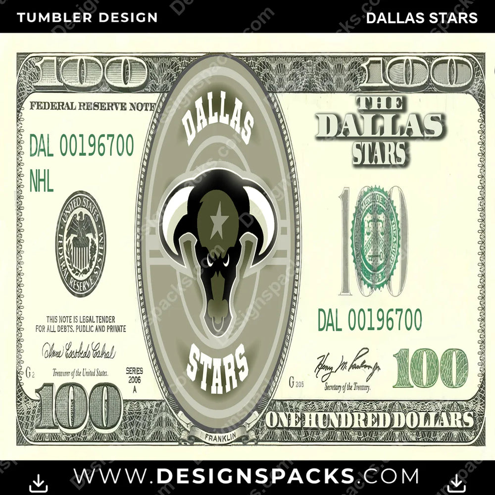 Ice Hockey 100 Dollar Bill Dallas Stars NHL Hockey Tumbler Digital Wrap Design Download