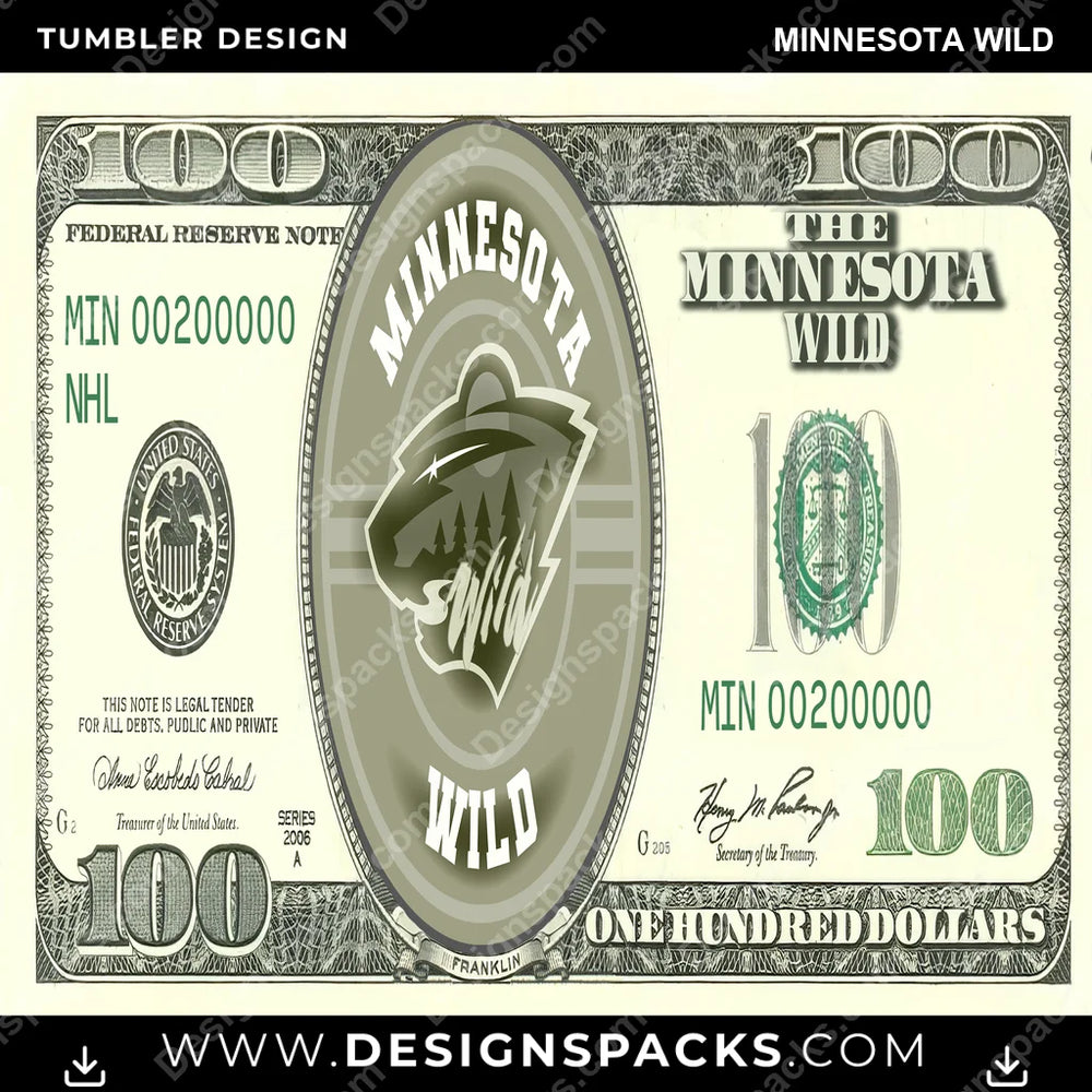 Ice Hockey 100 Dollar Bill Minnesota Wild NHL Hockey Tumbler Digital Wrap Design Download