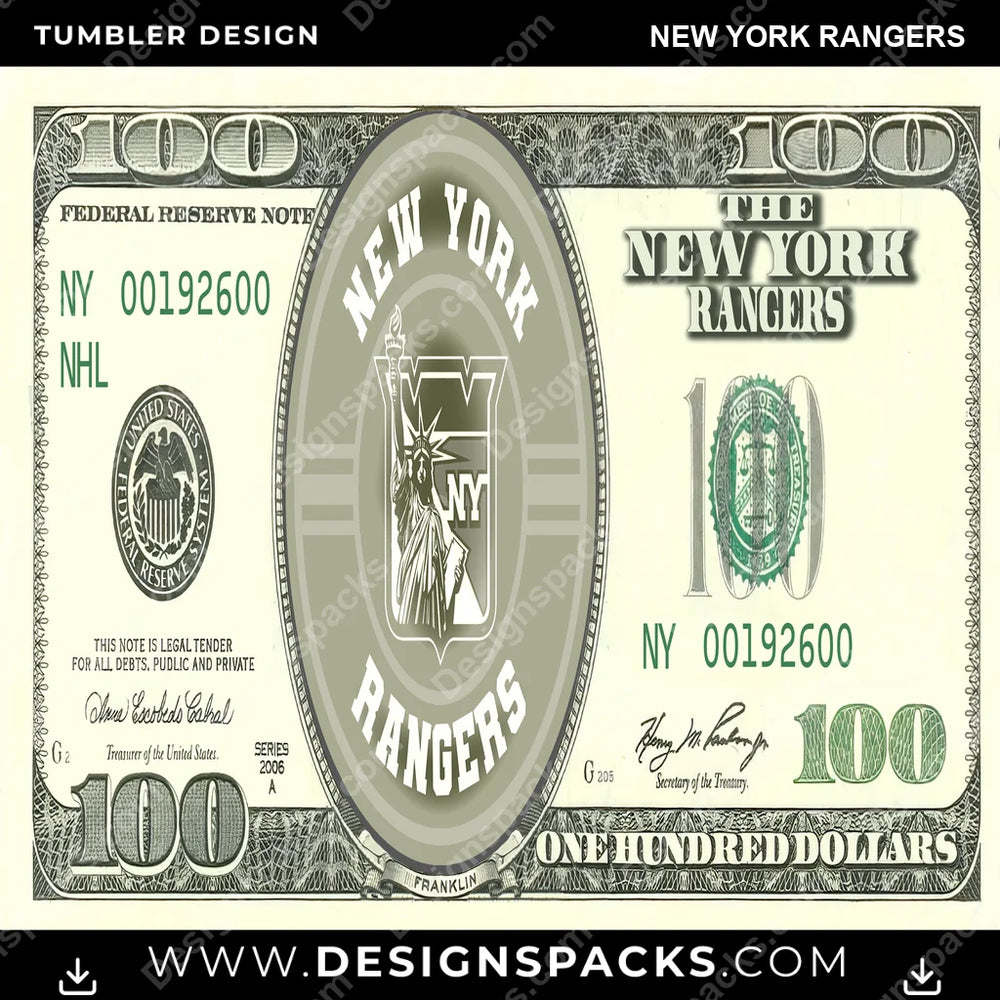 Ice Hockey 100 Dollar Bill New York Rangers NHL Hockey Tumbler Digital Wrap Design Download